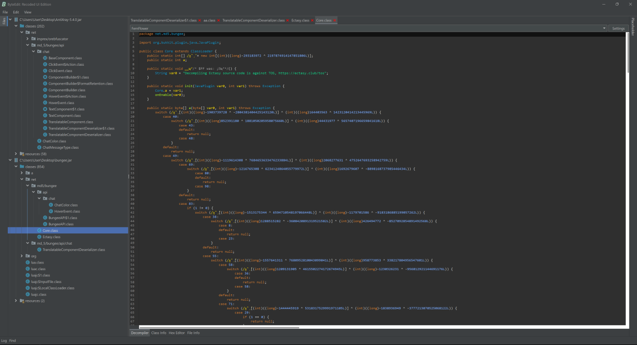 Screenshot of the bungee.jar file's Core.class file open in ByteEdit. The notable line is "Decompiling Ectasy source code is against TOS"