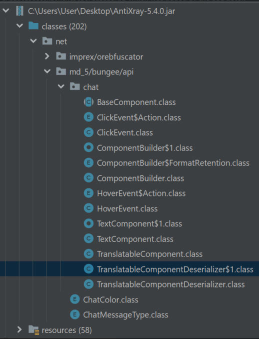 A screenshot showing the classes within the AntiXray jar. The highlighted class is "TranslatableComponentDeserializer$1.class"