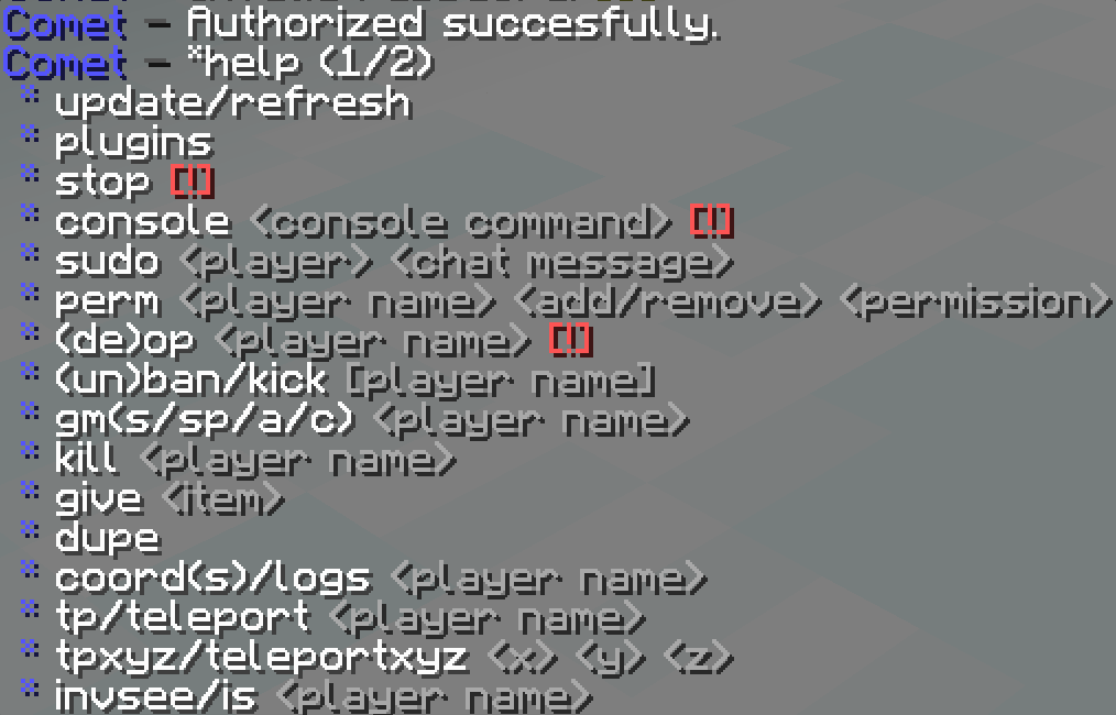 Comet help menu, displaying commands update, plugins, stop, console, sudo, perm, op, deop, ban, kick, gm, kill, give, dupe, coords, tp, tpxyz, invsee