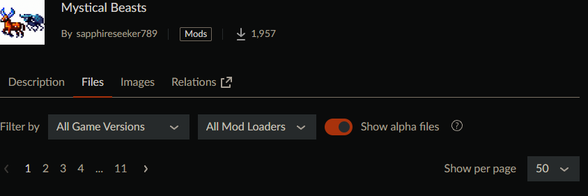 The Curseforge page for the "Mystical Beasts mod", uploaded by  sapphireseeker789. The mod has 1,957 downloads and 11 pages of files uploaded.