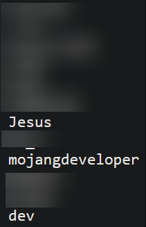 Blurred IGNs of allowed players, with the fake names "Jesus", "mojangdeveloper", "dev"